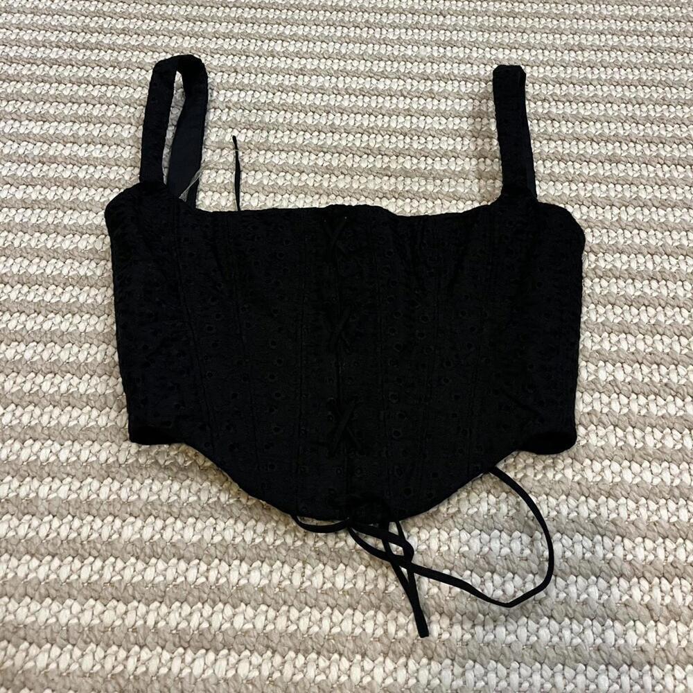 House of CB Cropped Eyelet Bustier Corset Top Black Lace Up - Picture 2 of 5